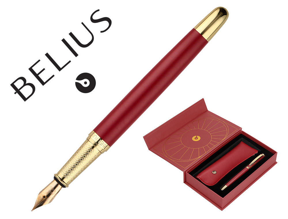 STYLO-PLUME ET ETUI SIMILI CUIR BELIUS SOIREE ALUM. DETAILS ET ATTRIBUTS OR ENCRE BLEUE COLORIS BORDEAUX COFFRET CADEAU