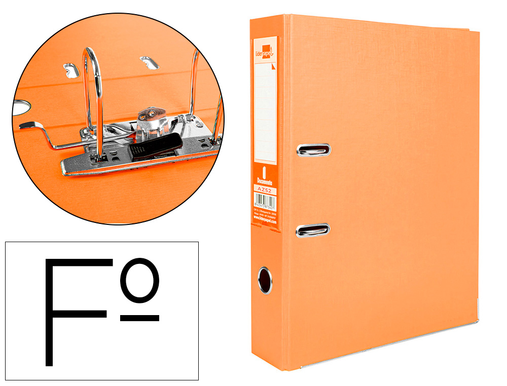 CLASSEUR LEVIER LIDERPAPEL DOCUMENTA FOLIO CARTON        REMBORDE DOS 75MM RADO        METALLIQUE COLORIS ORANGE