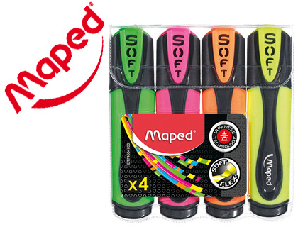 SURLIGNEUR MAPED FLUO'PEPS ULTRASOFT POINTE BISEAUTE TRAC 1/5MM EMBOUT FLEXIBLE POCHETTE 4 UNITS ASSORTIES