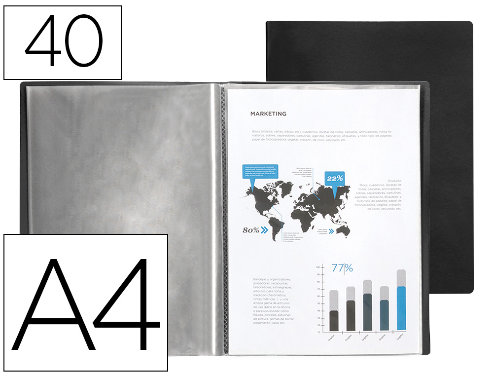 PROTGE-DOCUMENTS LIDERPAPEL POLYPROPYLNE COUVERTURE FLEXIBLE 40 POCHETTES FIXES A4 210X297MM NOIR OPAQUE