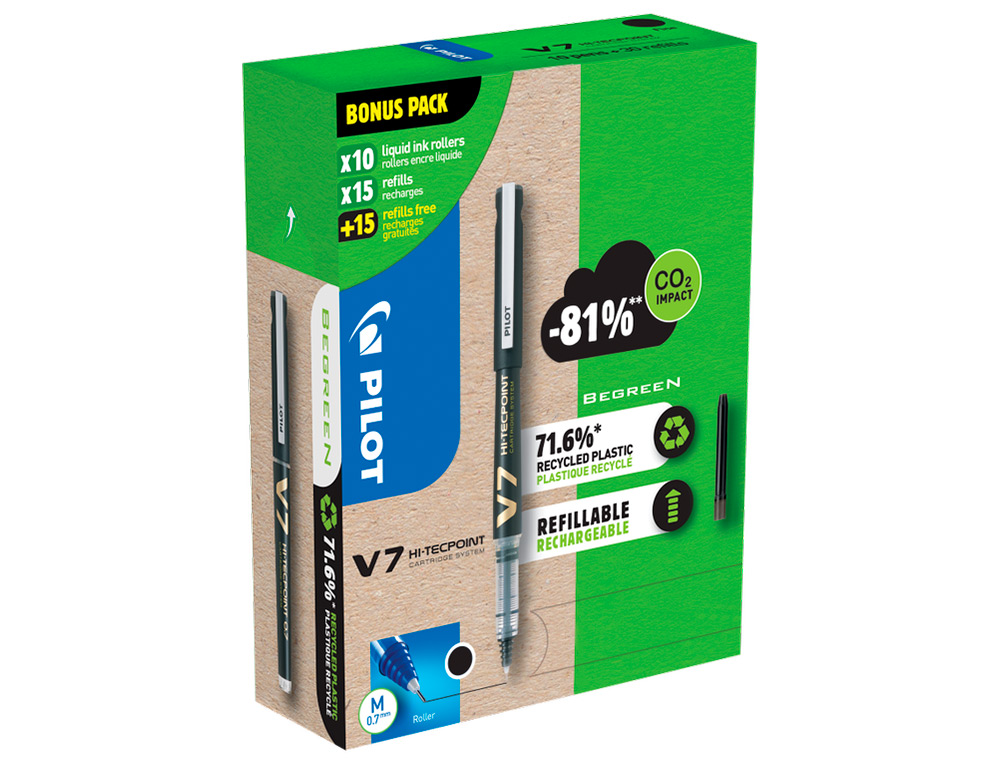 PACK PILOT V7 10 ROLLERS ENCRE LIQUIDE RECHARGEABLES POINTE MOYENNE 10 SETS DE 3 RECHARGES 5 OFFERTES COLORIS
