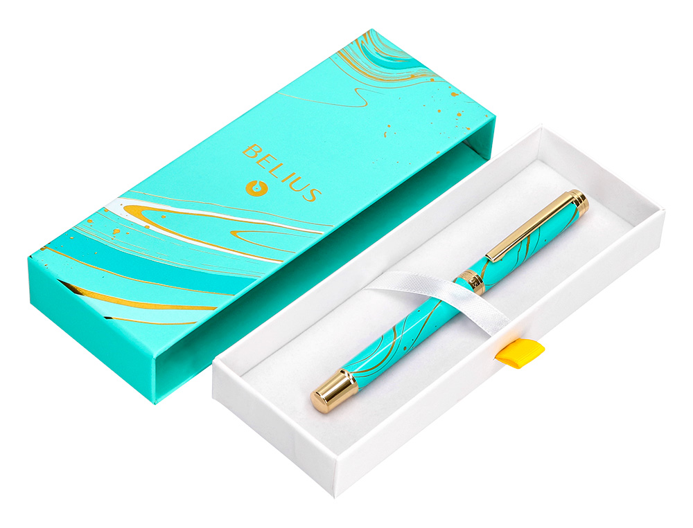 ROLLER BELIUS AQUA ALUMINIUM DETAILS ET ATTRIBUTS OR ENCRE NOIRE COLORIS TURQUOISE DANS COFFRET CADEAU