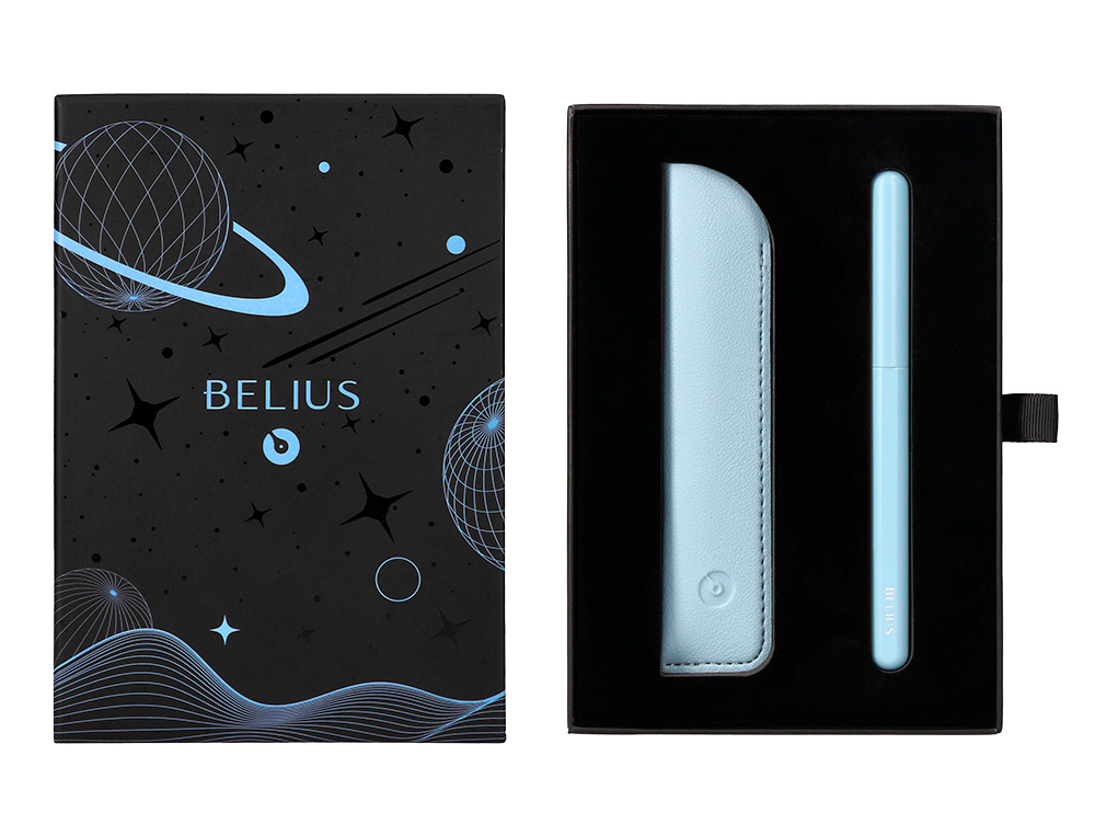 STYLO-PLUME ET ETUI EN SIMILI CUIR BELIUS SPACE B MONOCHROME SANS AGRAFE ENCRE BLEUE COLORIS BLEU DANS COFFRET CADEAU