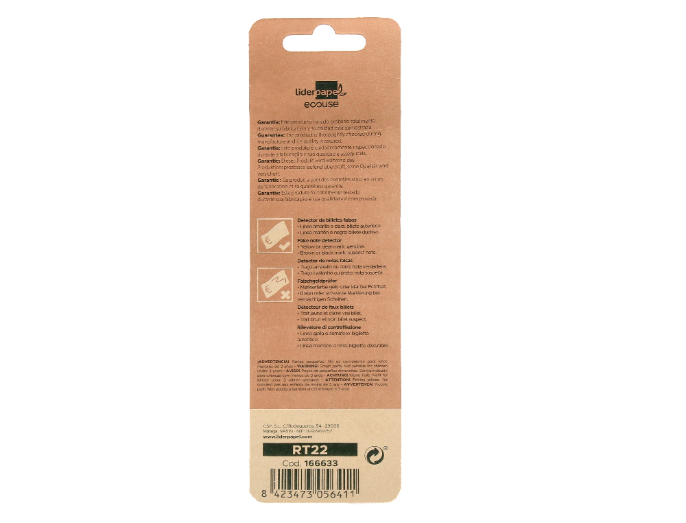 STYLO LIDERPAPEL ECOUSE DETECTEUR FAUX-BILLETS POINTE OGIVE TRACE 3MM BLISTER