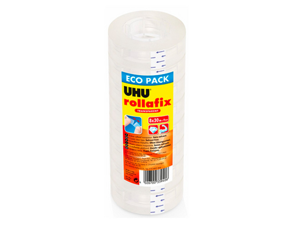 RUBAN ADHESIF UHU ROLLAFIX TRANSPARENT LOT DE 8 ROULEAUX 30M X 19MM