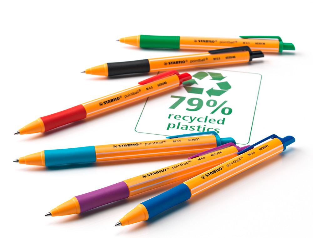STYLO-BILLE STABILO POINTBALL PLASTIQUE RECYCLÉ 3500M D'ÉCRITURE RECHARGEABLE RÉTRACTABLE GRIP ANTIDÉRAPANT NOIR