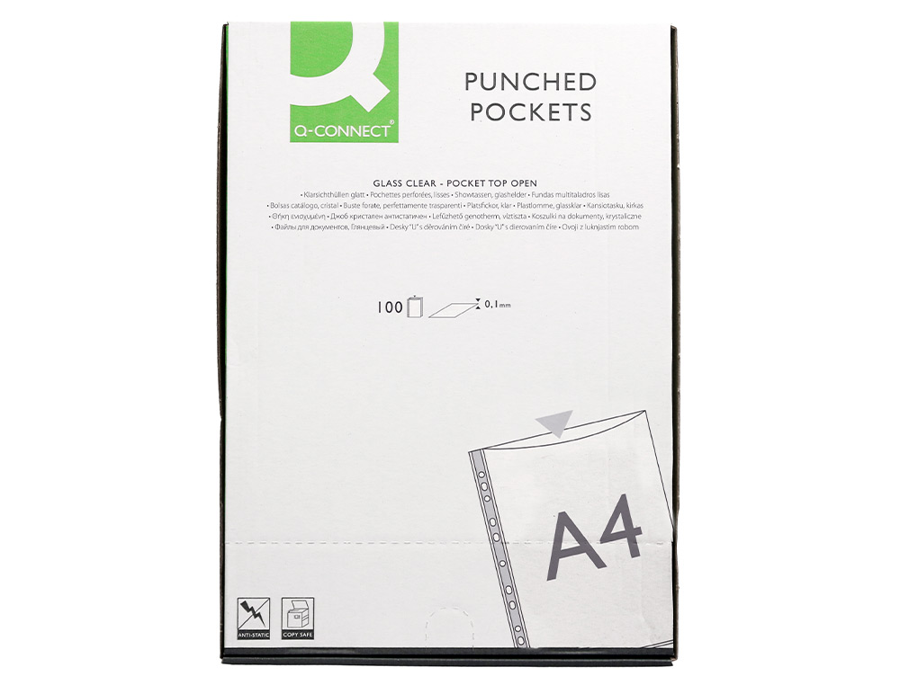 POCHETTE Q-CONNECT POLYPROPYLNE LISSE 10/100E PERFORE CRISTAL ANTISTATIQUE A4 210X297MM BOITE DE 100 UNITES