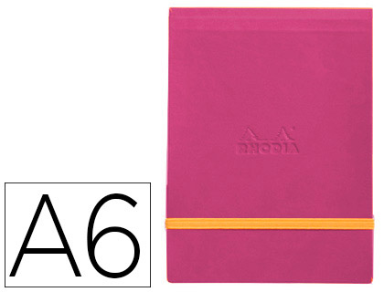 POCHETTE RHODIARAMA WEBPOCKET A6 9X14CM COUVERTURE SIMILI CUIR FRAMBOISE INTRIEUR IMPRIM FERMETURE LASTIQUE ORANGE