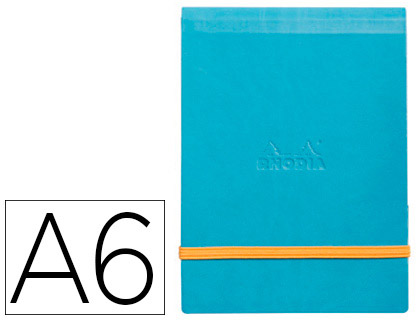 POCHETTE RHODIARAMA WEBPOCKET A6 9X14CM COUVERTURE SIMILI CUIR TURQUOISE INTRIEUR IMPRIM FERMETURE LASTIQUE ORANGE