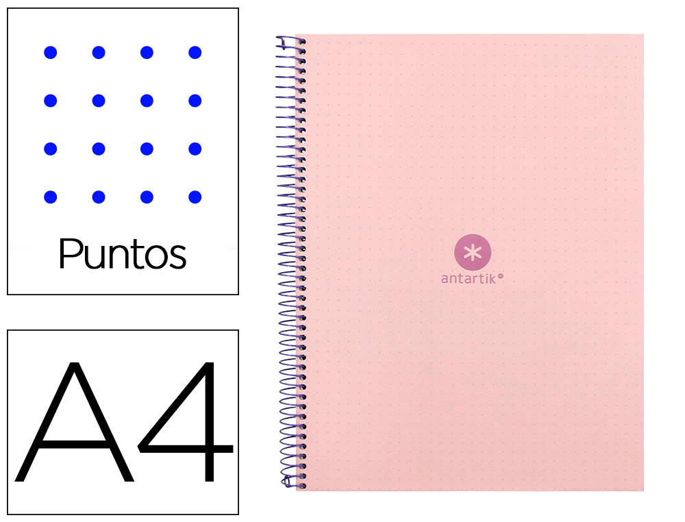 CAHIER SPIRALE ANTARTIK A4 80P 90G COUVERTURE CARTONEE   REGLURE DOT 4 TROUS COLORIS   ROSE PASTEL