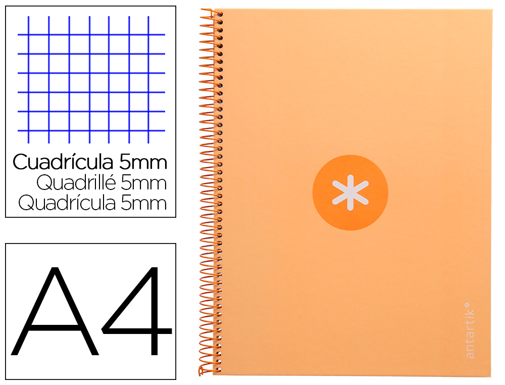 CAHIER SPIRALE ANTARTIK A4 160P 90G COUVERTURE REMBORDEE 5X5MM 4 TROUS 1 BANDE COLORIS JAUNE