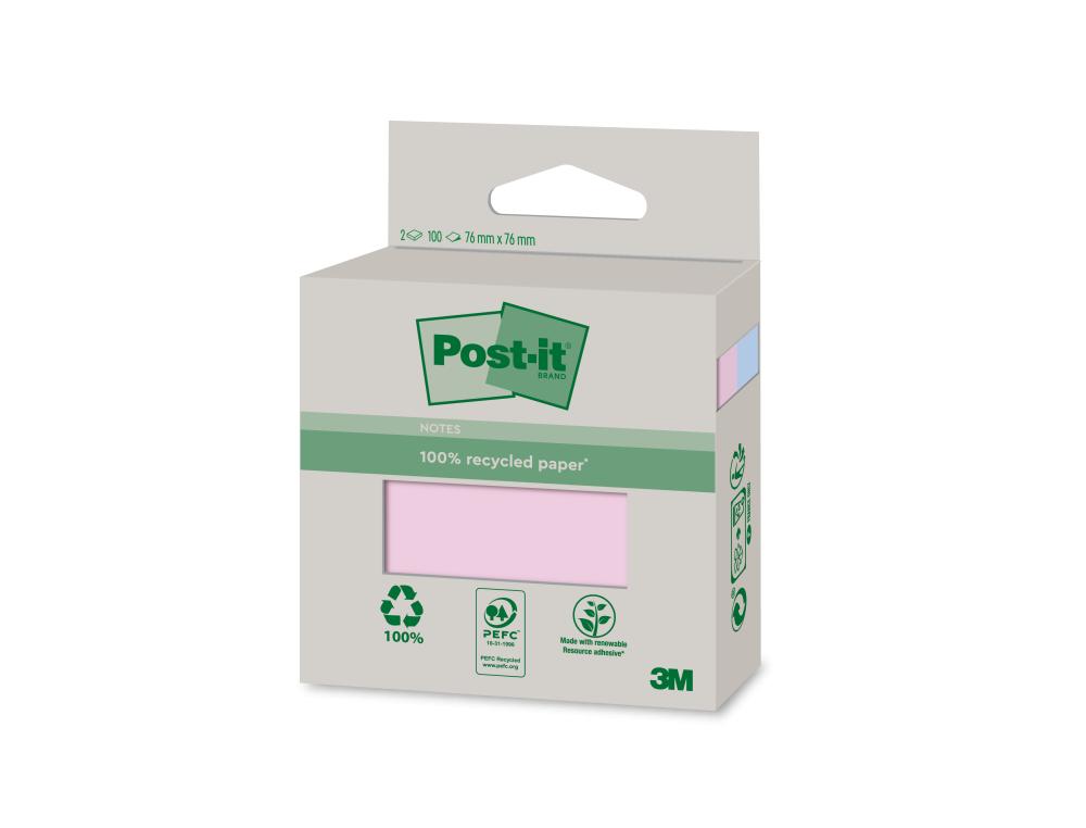 BLOC NOTES POST-IT RECYCLED COLOR 6820R-2PB PASTEL 2      BLOCS DE 100 FEUILLES         76X76MM, MONO COLOR