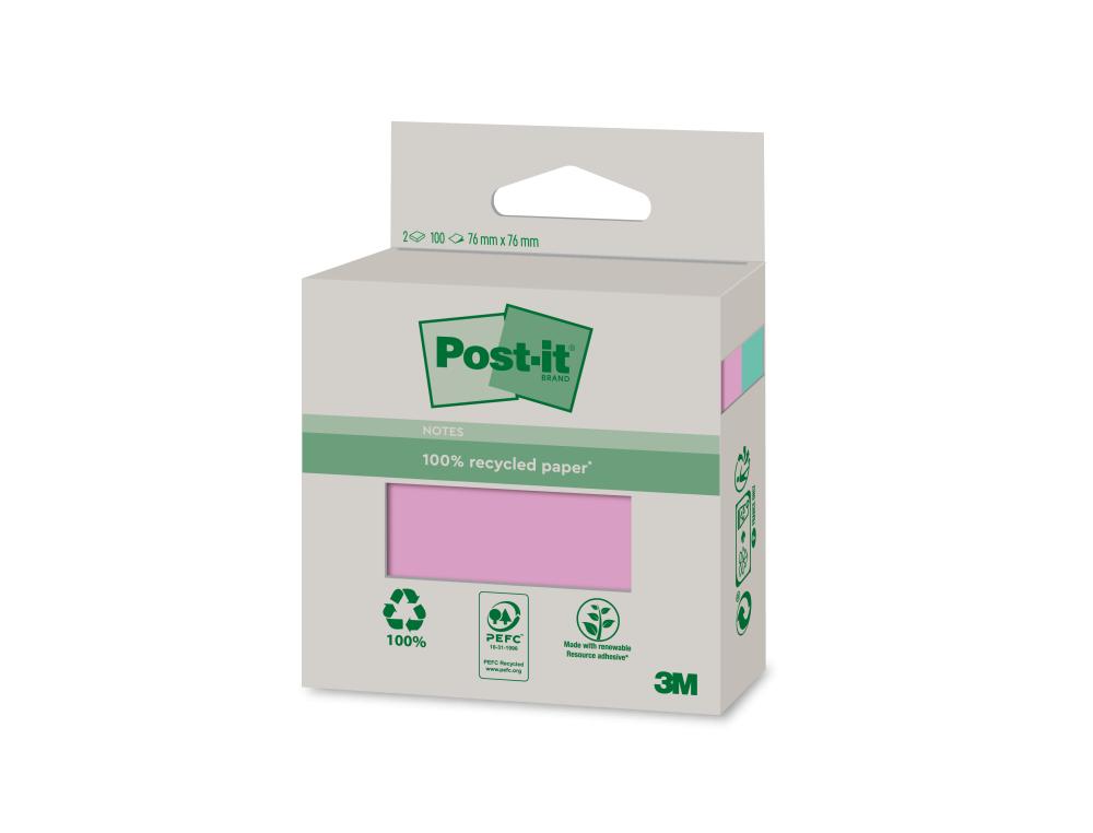 BLOC NOTES POST-IT RECYCLED COLOR 6820R-2LM BRIGHT  2     BLOCS DE 100 FEUILLES         76X76MM, MONO COLOR