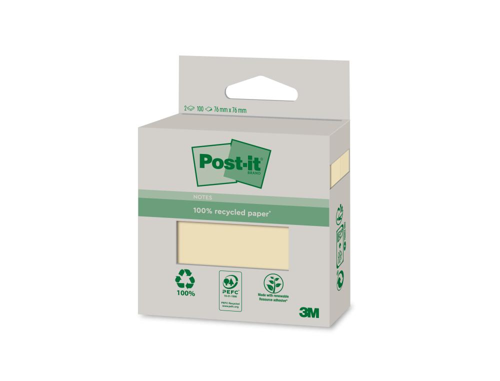 BLOC NOTES POST-IT RECYCLED CANARY YELLOW  6820R-2Y 2     BLOCS DE 100 FEUILLES 76X76MM MONO COLOR