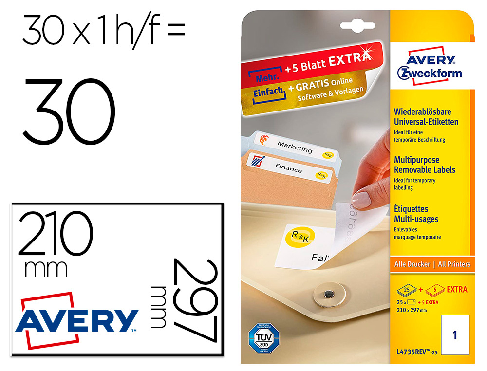 ETIQUETTE ENLEVABLE AVERY ILC BLANC 210 X 297 MM BOITE DE   25