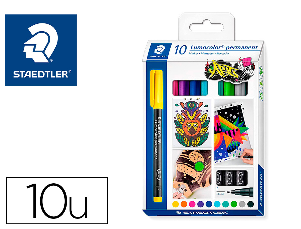 MARQUEUR STAEDTLER PERMANENT DRY SAFE LUMOCOLOR  318       POINTE FINE 0,6MM COLORIS     ASSROTIS ETUI DE 10 FEUTRES