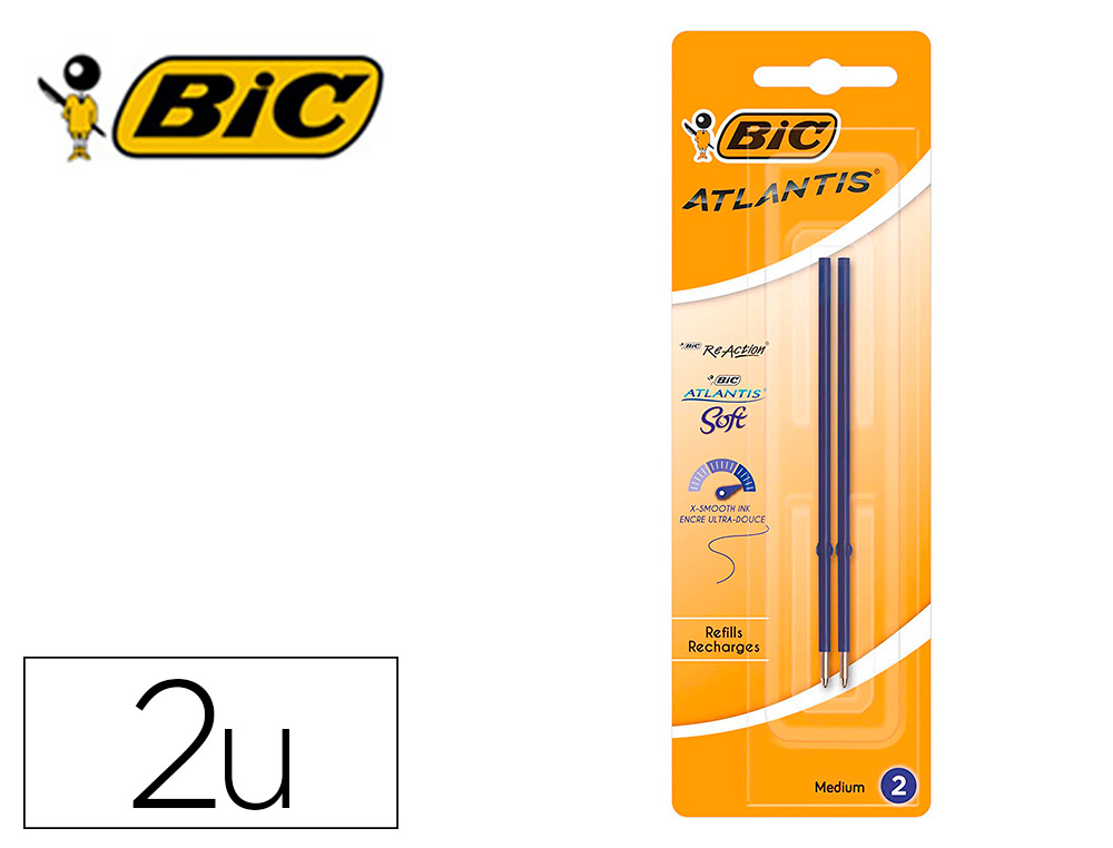 STYLO-BILLE BIC ATLANTIS SOFT POINTE MOYENNE 1,0MM BLISTER  DE 2 RECHARGES BLEU