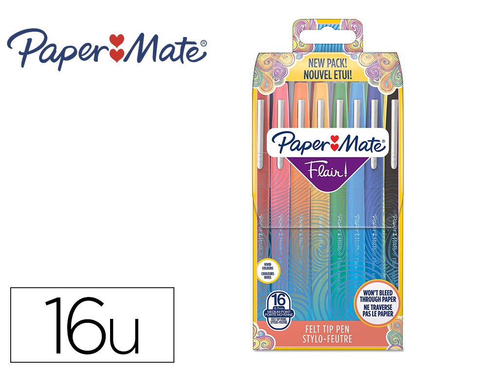 FEUTRE ECRITURE PAPER MATE FLAIR ORIGINAL POINTE MOYENNE 0,7MM ENCRES WALLET ASSORTIES BLISTER 16 COULEURS