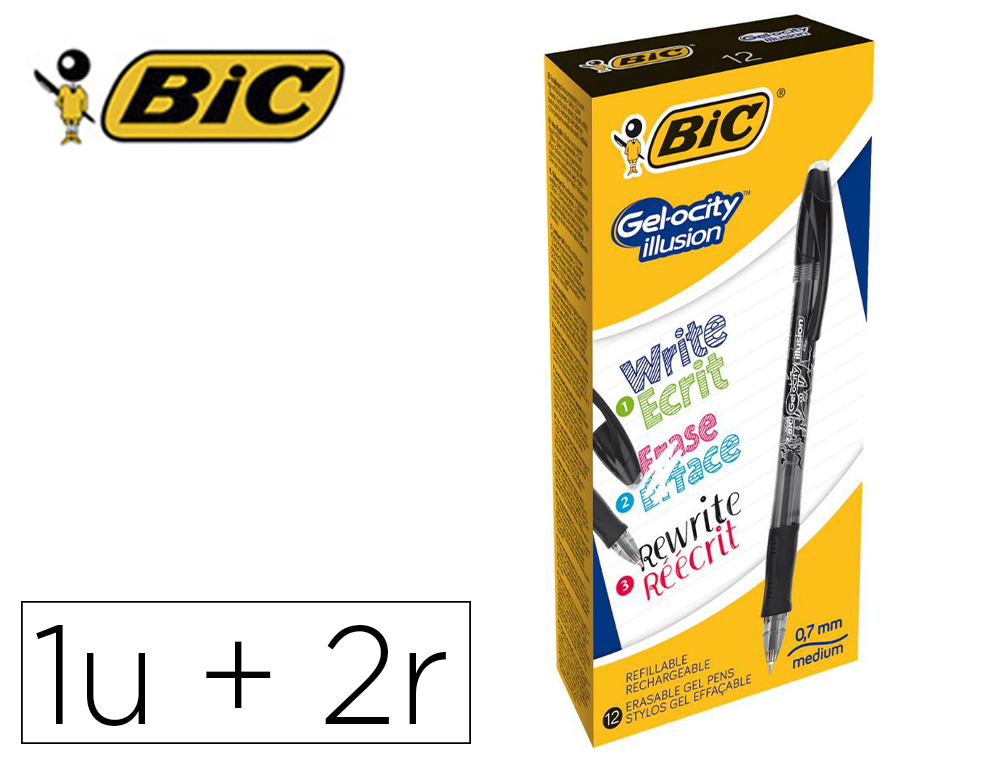 ROLLER BIC GEL-OCITY ILLUSION POINTE MOYENNE 0,7MM GRIP CAOUTCHOUC ENCRE EFFACABLE ET RECHARGEABLE NOIRE + 2 RECHARGES
