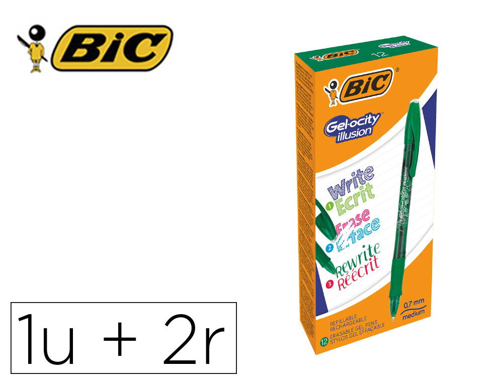 ROLLER BIC GEL-OCITY ILLUSION POINTE MOYENNE 0,7MM GRIP CAOUTCHOUC ENCRE EFFACABLE ET RECHARGEABLE VERTE + 2 RECHARGES