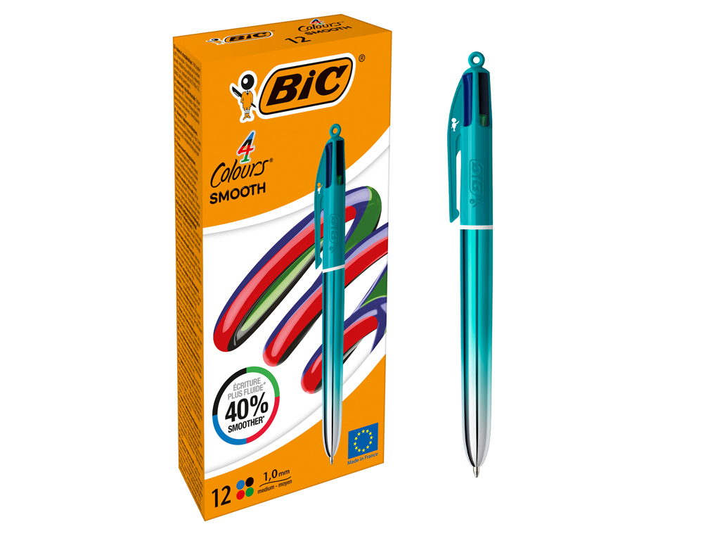 STYLO-BILLE BIC 4 COULEURS SMOOTH POINTE MOYENNE 1MM     RETRACTABLE RECHARGEABLE      CORPS METALLIQUE IRISE