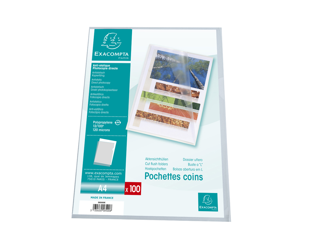 POCHETTE COIN EXACOMPTA A4 PP GRAINE 12/100EME 120 MICRONS  INCOLORE PAQUET 100 UNITES