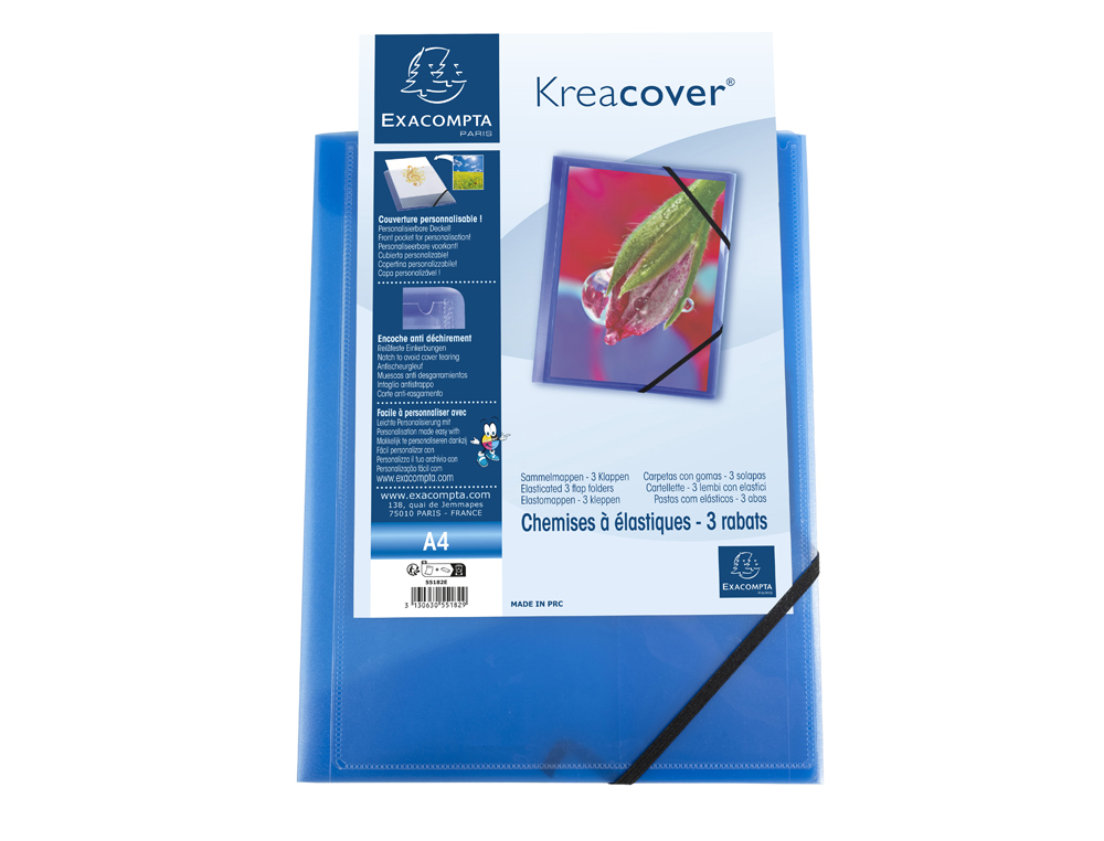 CHEMISE 3 RABATS EXACOMPTA KREA COVER A4 COUVERTURE      PERSONNALISABLE PP            TRANSPARENT COLORIS BLEU