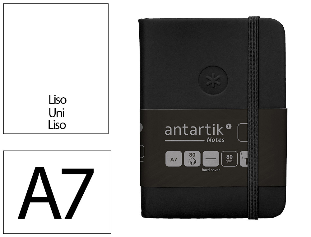CARNET A7 ANTARTIK NOTES PAPIER UNI IVOIRE COUVERTURE  RIGIDE FERMETURE ELASTIQUE 80 PAGES 80GR COLORIS NOIR