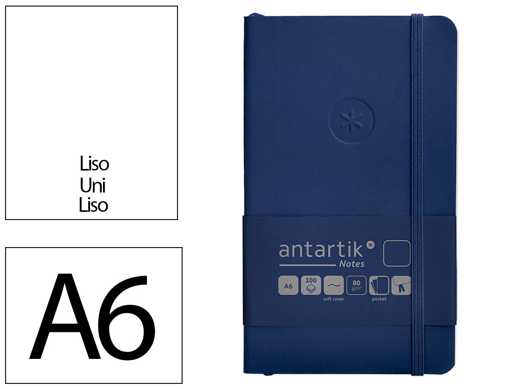 CARNET A6 ANTARTIK NOTES PAPIER UNI IVOIRE COUVERTURE  SOUPLE FERMETURE ELASTIQUE 100PAGES 80GR COLORIS BLEU MARINE