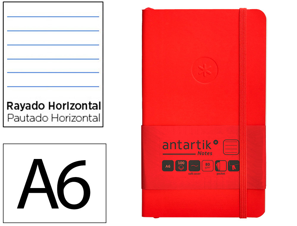 CARNET A6 ANTARTIK NOTES LIGNECOUVERTURE SOUPLE FERMETURE   ELASTIQUE 100 PAGES 80GR      COLORIS ROUGE