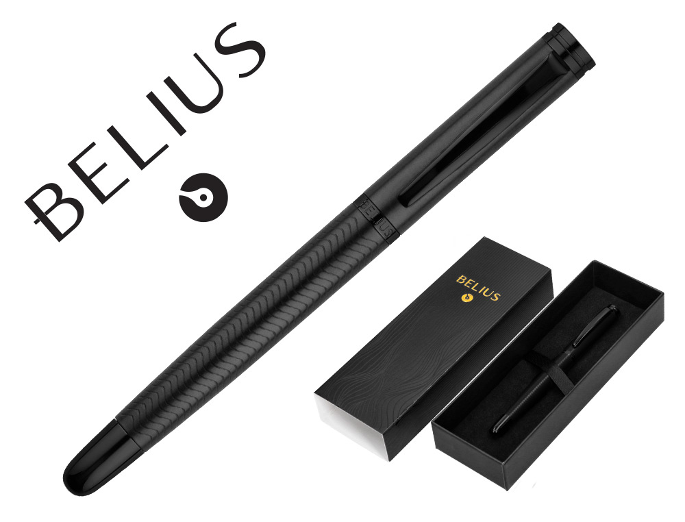 STYLO-BILLE BELIUS NEPTUNO CORPS ALUMINIUM TEXTURE WAVY  ENCRE BLEUE COLORIS NOIR      BOITE DESIGN