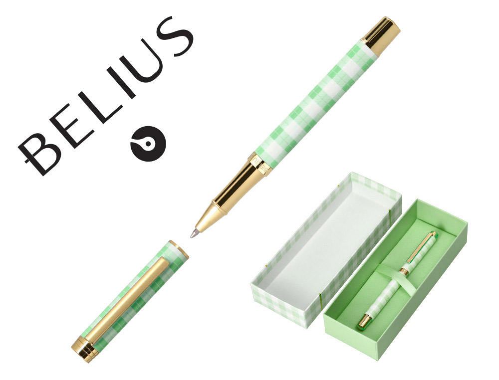 STYLO-BILLE BELIUS PICNIC ALUMINIUM ENCRE BLEUE COLORIS VERT DORE BOITE DESIGN
