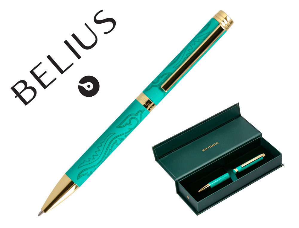 STYLO-BILLE BELIUS WILD WEST ALUMINIUM ENCRE BLEUE COLORIS VERT   DORE BOITE DESIGN