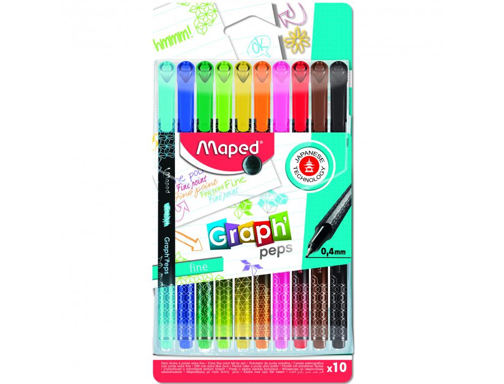 FEUTRE ECRITURE MAPED GRAPH PEPS TRIANGULAIRE POINTE FINE 0,4MM COLORIS ASSORTIS ETUI   DE 10 UNITES
