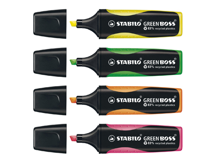 SURLIGNEUR STABILO GREEN BOSS COLOGIQUE POINTE BISEAUTE ENCRE BASE EAU RSISTANTE LUMIRE POCHETTE 4 UNITS