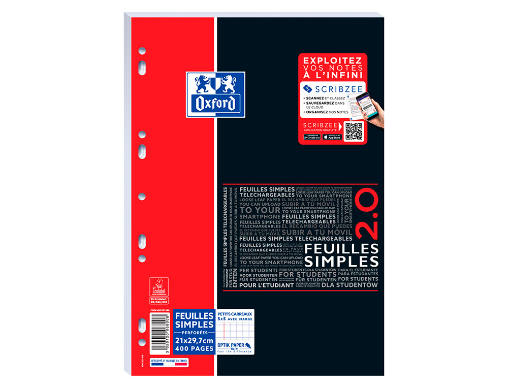 FEUILLETS MOBILES OXFORD TUDIANT 210X297 400P         QUADRILL 5X5 APPLICATION     SCIBZE PRSENTOIR DE 20U