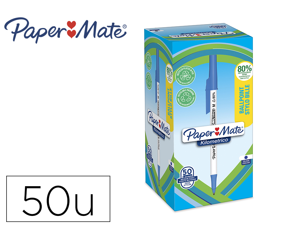 STYLO-BILLE PAPER MATE KILOMETRICO CAPUCHON POINTE   MOYENNE 1MM ENCRE BLEUE ULTRA DOUCE BOITE 50 UNITES