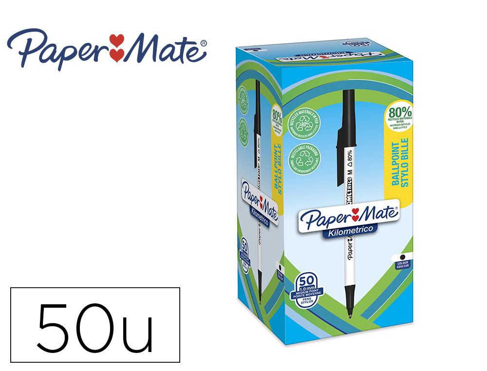 STYLO-BILLE PAPER MATE KILOMETRICO CAPUCHON POINTE   MOYENNE 1MM ENCRE NOIRE ULTRA DOUCE BOITE 50 UNITES