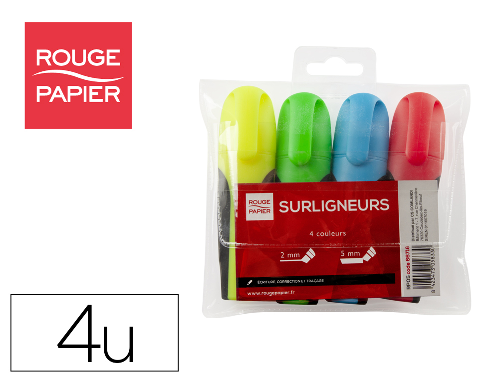 SURLIGNEUR ROUGE PAPIER FLUO TRAC 2/5MM QUALIT PREMIUM POINTE BISEAUTE COLORIS ASSORTIS POCHETTE 4 UNITS