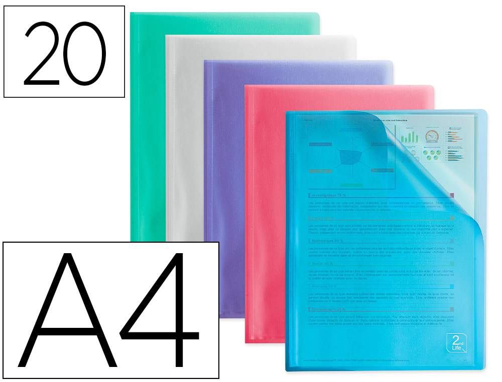 PROTGE-DOCUMENTS ELBA 2ND LIFE COUVERTURE POLYPROPYLNE TRANSLUCIDE 5/10E 20 POCHETTES 40 VUES COLORIS ASSORTIS