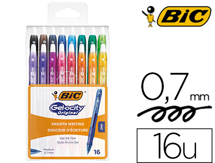 STYLO BIC GELOCITY ORIGINAL POINTE MOYENNE 0,7MM ENCRE    GEL RETRACTABLE COLORIS       ASSORTIS PACK SEMI-RIGIDE 16