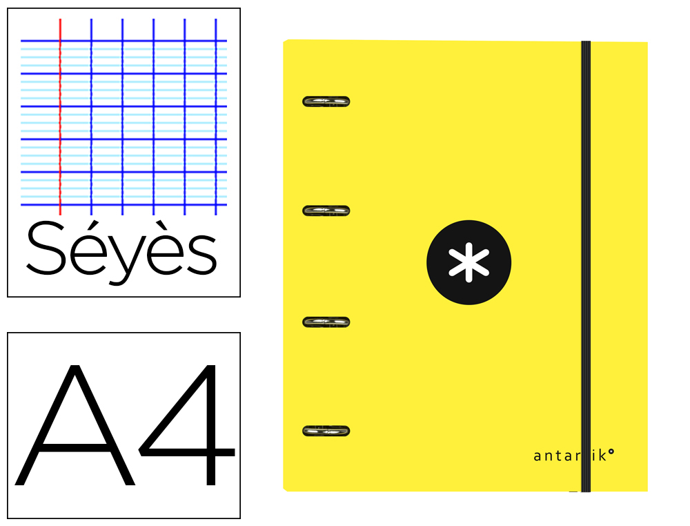 CLASSEUR ANTARTIK 4 ANNEAUX 25MM A4 CARTON REMBORDE       FEUILLETS MOBILES SEYES       COLORIS JAUNE
