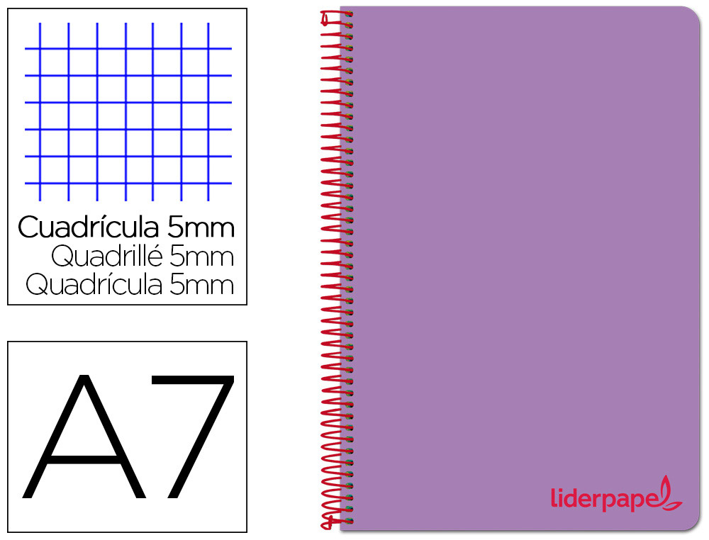CAHIER SPIRALE LIDERPAPEL A7 MICRO WONDER 200 PAGES 90G    5X5MM 4 BANDES COULEURS       VIOLET