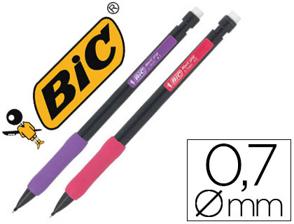PORTE-MINE BIC MATIC GRIP 0.7MM EMBOUT GOMME CORPS PLASTIQUE NOIR AGRAFE COLORE GRIP CAOUTCHOUC 3 MINES HB