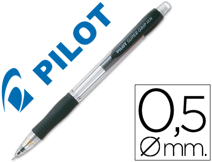 PORTE-MINE PILOT SUPER GRIP 0.5MM AVANCE AUTOMATIQUE CANON RENTRANT GRIP CAOUTCHOUC CORPS ERGONOMIQUE COLORIS NOIR