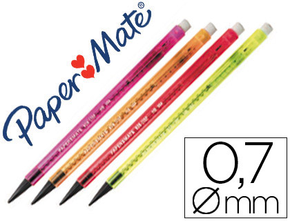 PORTE-MINE PAPER MATE NON STOP NON 0.7MM CORPS PLASTIQUE AGRAFE GOMME AVANCE MINE ROTATION 3 MINES HB COLORIS ASSORTIS