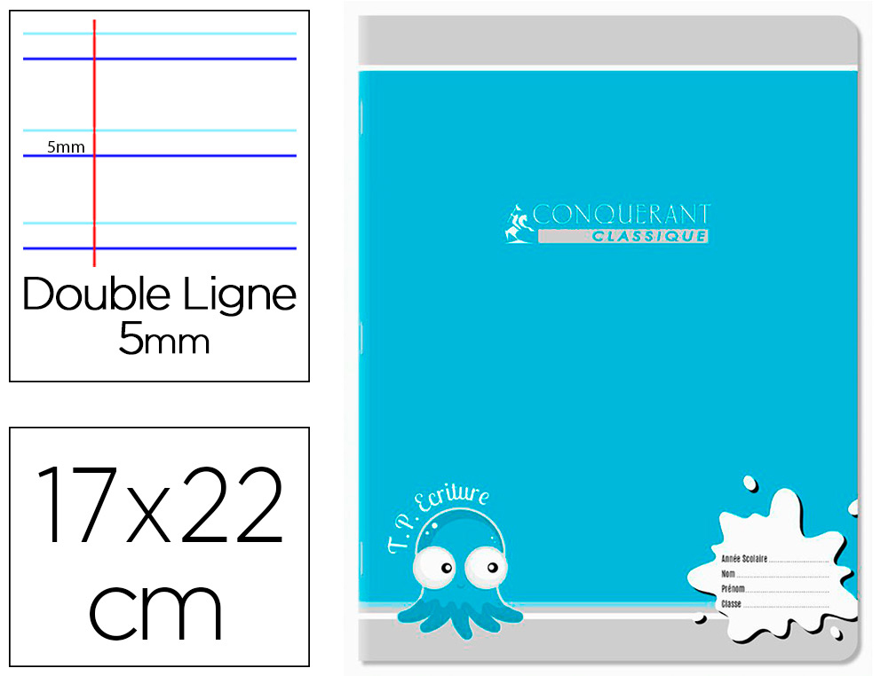CAHIER TRAVAUX PRATIQUES CONQUERANT AGRAFE COUVERTURE  CARTE 17X22CM 32 PAGES UNIES  DOUBLE LIGNE 5MM 90G