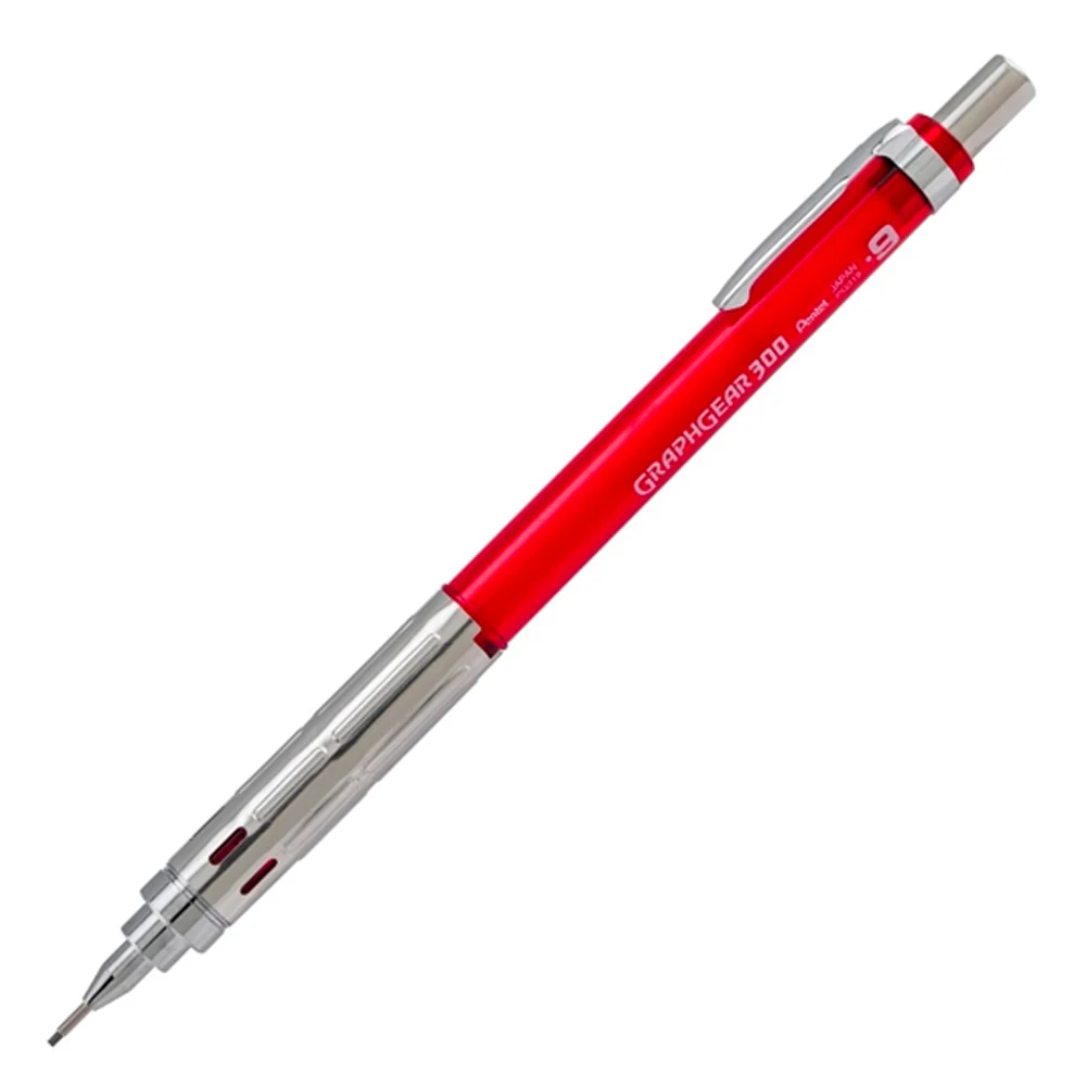 PORTE-MINES PENTEL GRAPHGEAR 300 CANON FIXE 4MM MINE 0,9MM GRIP METAL GOMME AVEC CAPUCHONCORPS METAL COLORIS ROUGE