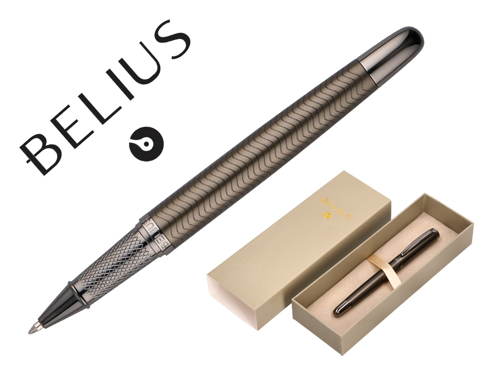 STYLO-BILLE BELIUS NEPTUNO ALUMINIUM TEXTURE ONDULEE ATTRIBUTS GUN ENCRE BLEUE COLORIS KAKI DANS COFFRET CADEAU