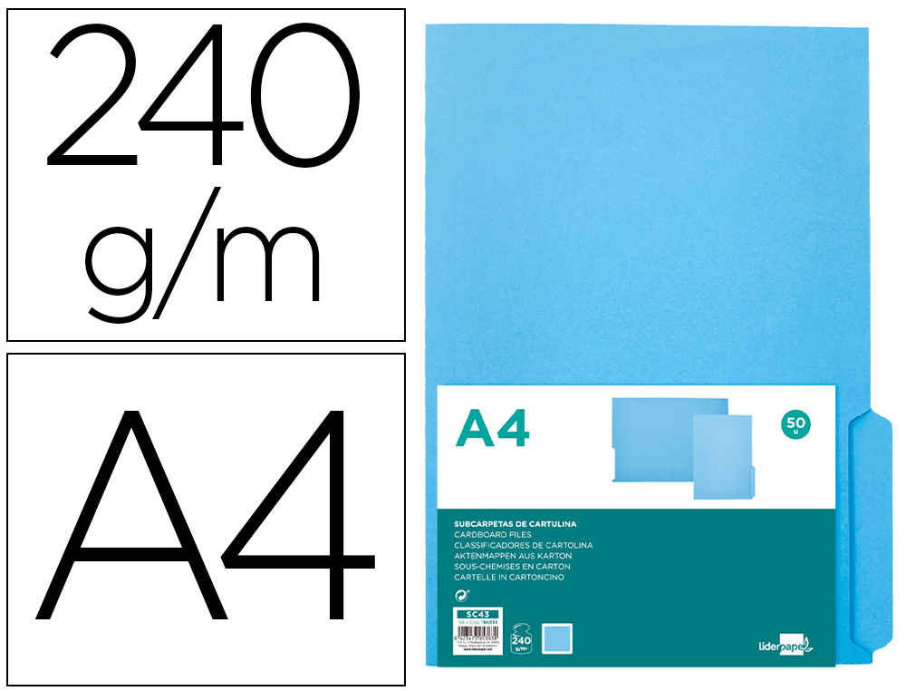 SOUS-CHEMISE LIDERPAPEL PAPIER CARTONNE 240G/M2       DOCUMENT A4 ONGLET INFERIEUR  COLORIS BLEU